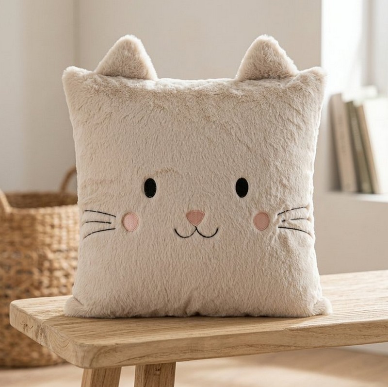 Morbido cuscino a forma di gatto grigio con orecchie